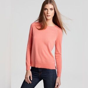 Theory Women's Abner C 100% Cashmere Elbow Patch Crewneck Sweater Salmon Coral M